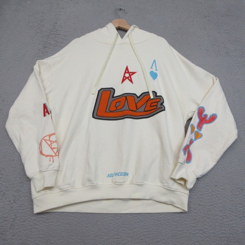Aelfric Eden Graphic Hoodie Men M Cream Love Star Chenille Streetwear Oversized